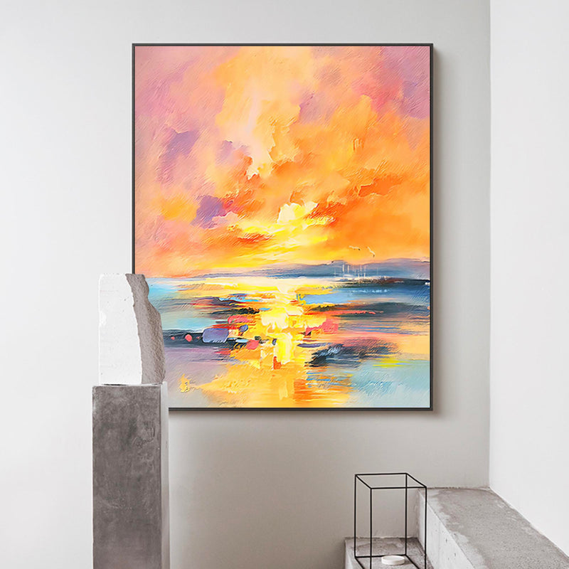 Large Sunset Painting Canvas Abstract Modern Wall Art Sunset Acrylic Painting Living Room