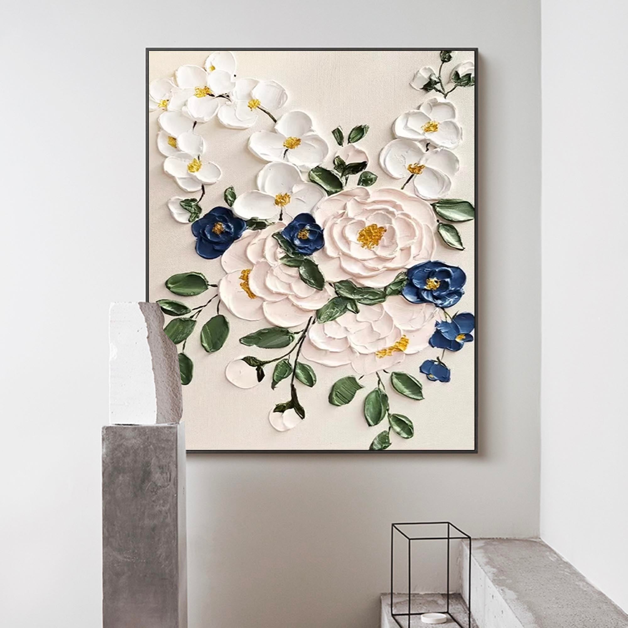 Bright white Modern Floral Oil Painting On Canvas Large Textured Floral Acrylic Painting Original Flower Wall Art Home Decor