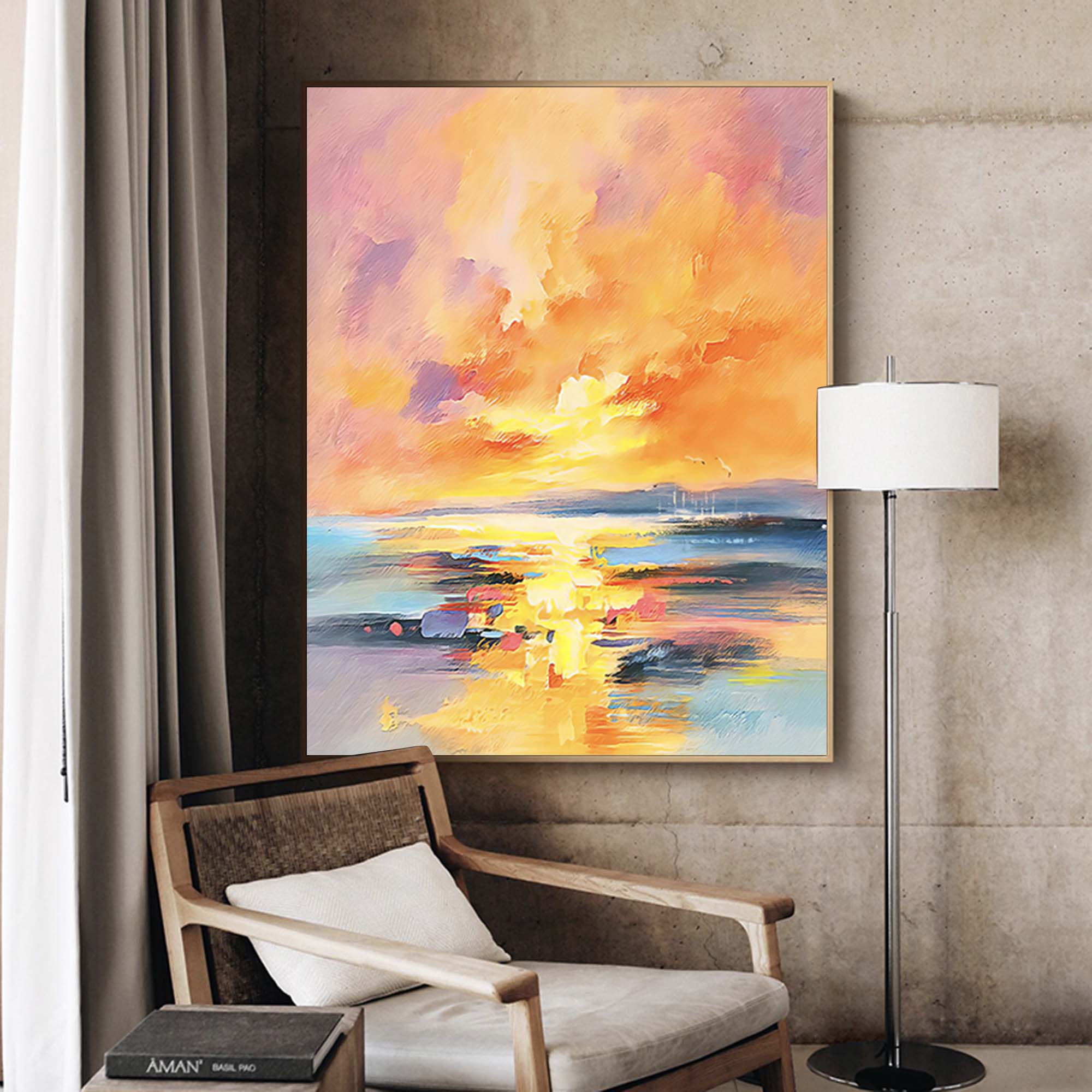 Large Sunset Painting Canvas Abstract Modern Wall Art Sunset Acrylic Painting Living Room