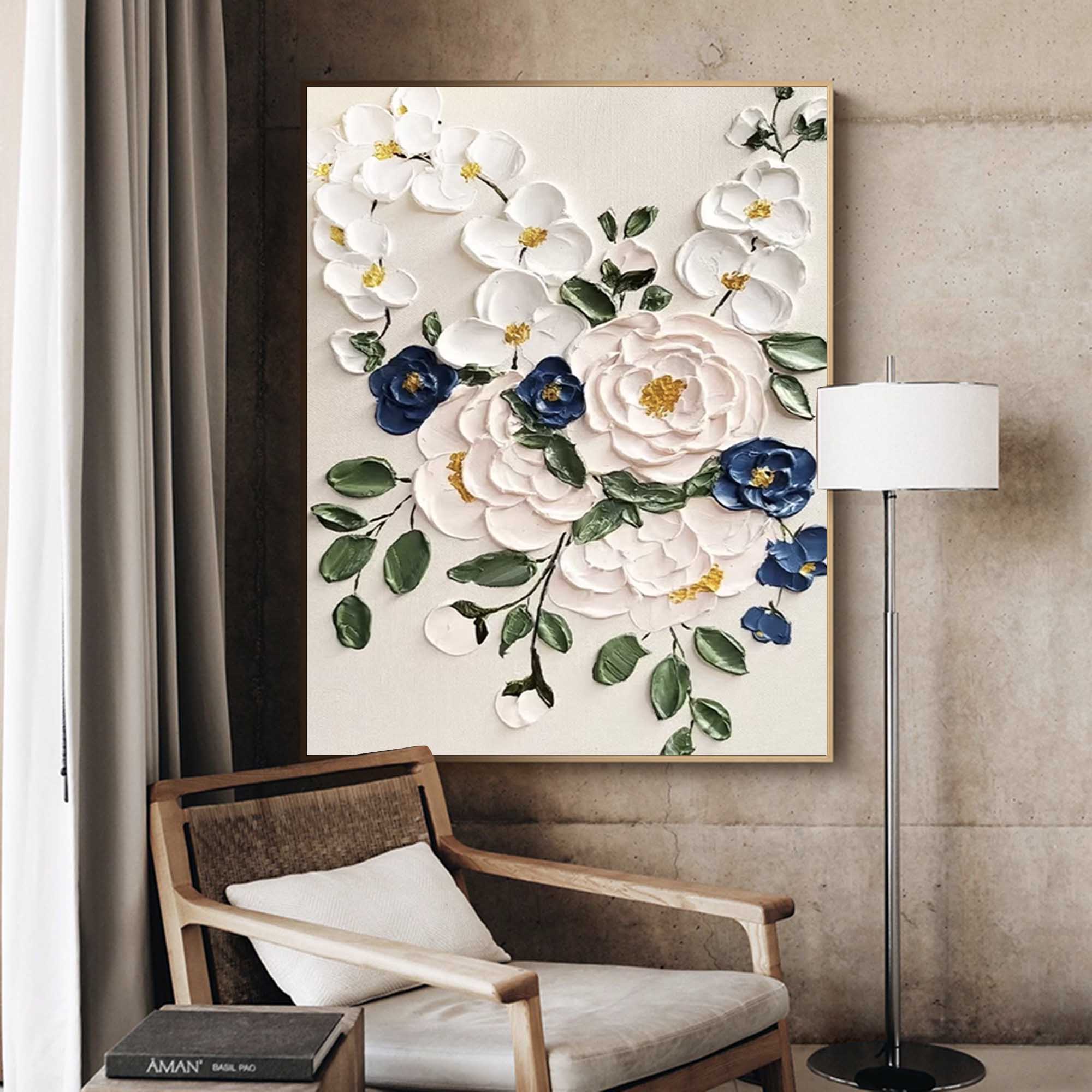 Bright white Modern Floral Oil Painting On Canvas Large Textured Floral Acrylic Painting Original Flower Wall Art Home Decor