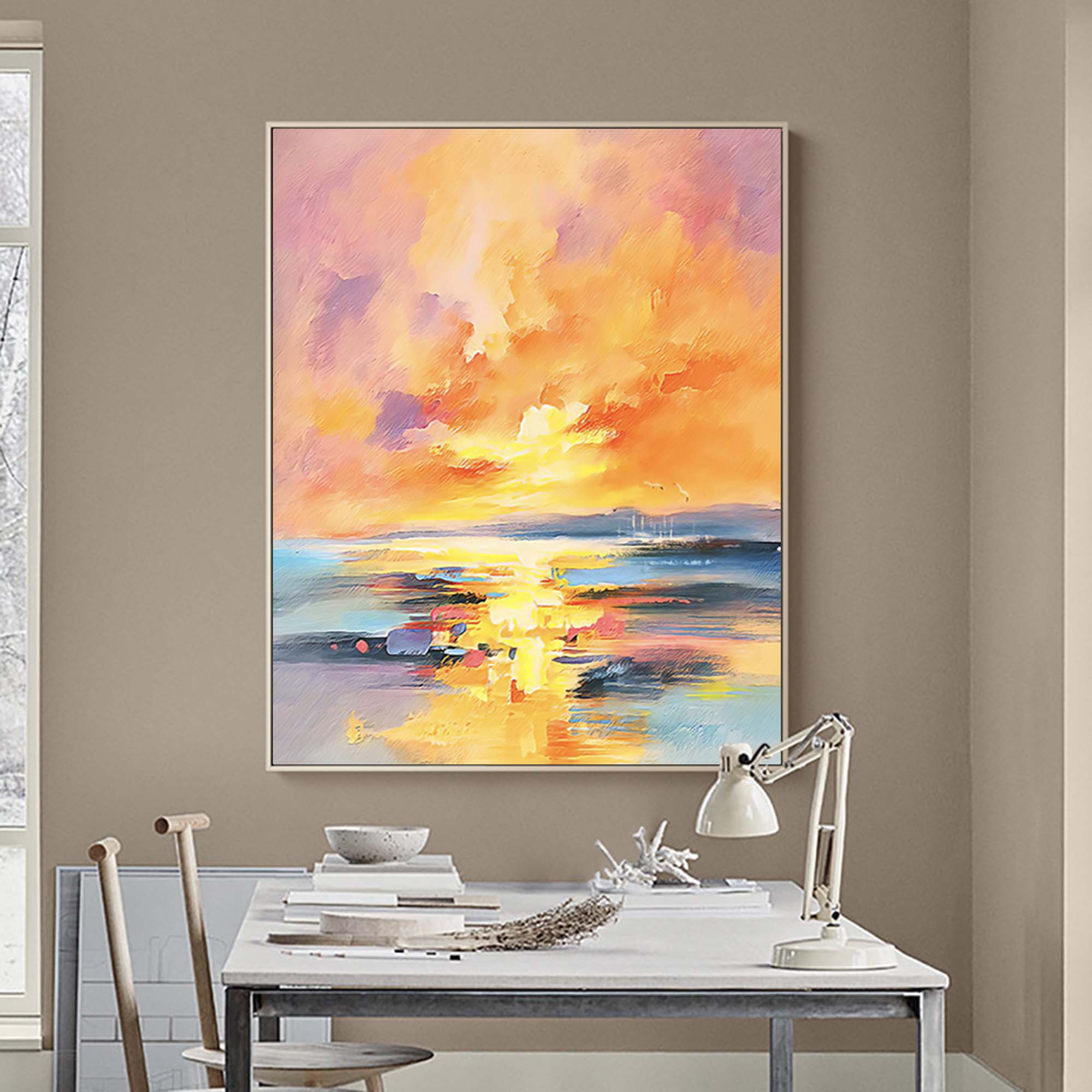 Large Sunset Painting Canvas Abstract Modern Wall Art Sunset Acrylic Painting Living Room