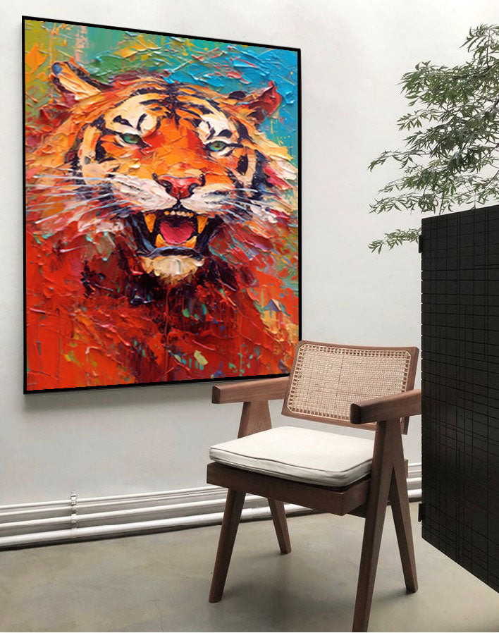 Texture Tiger Oil Painting Impressionist Tiger Canvas Wall Art Modern Animal Oil Painting Framed Living Room Decor