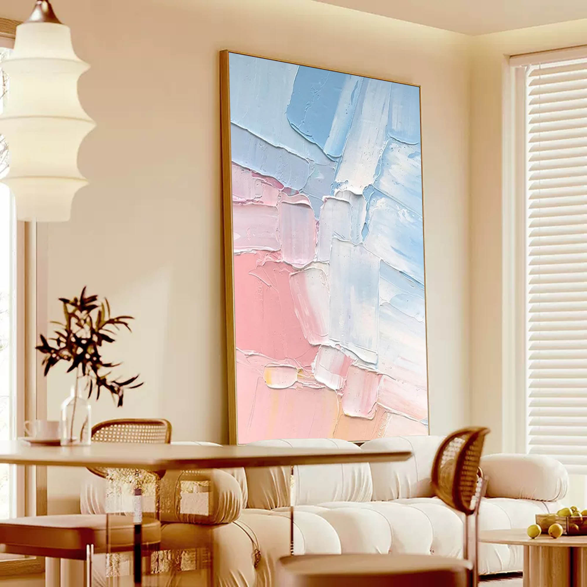 Large Minimalist Abstract Painting On Canvas Textured Blue Art Pink Acrylic Painting