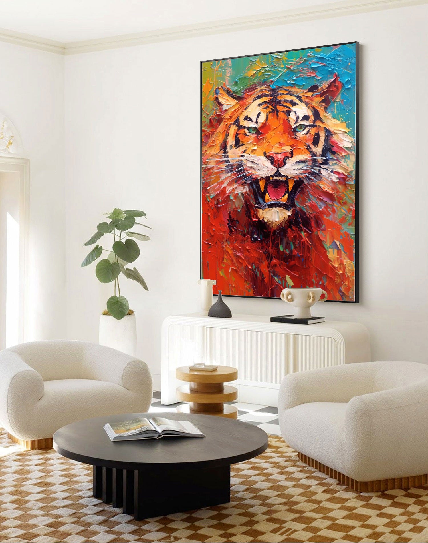 Texture Tiger Oil Painting Impressionist Tiger Canvas Wall Art Modern Animal Oil Painting Framed Living Room Decor