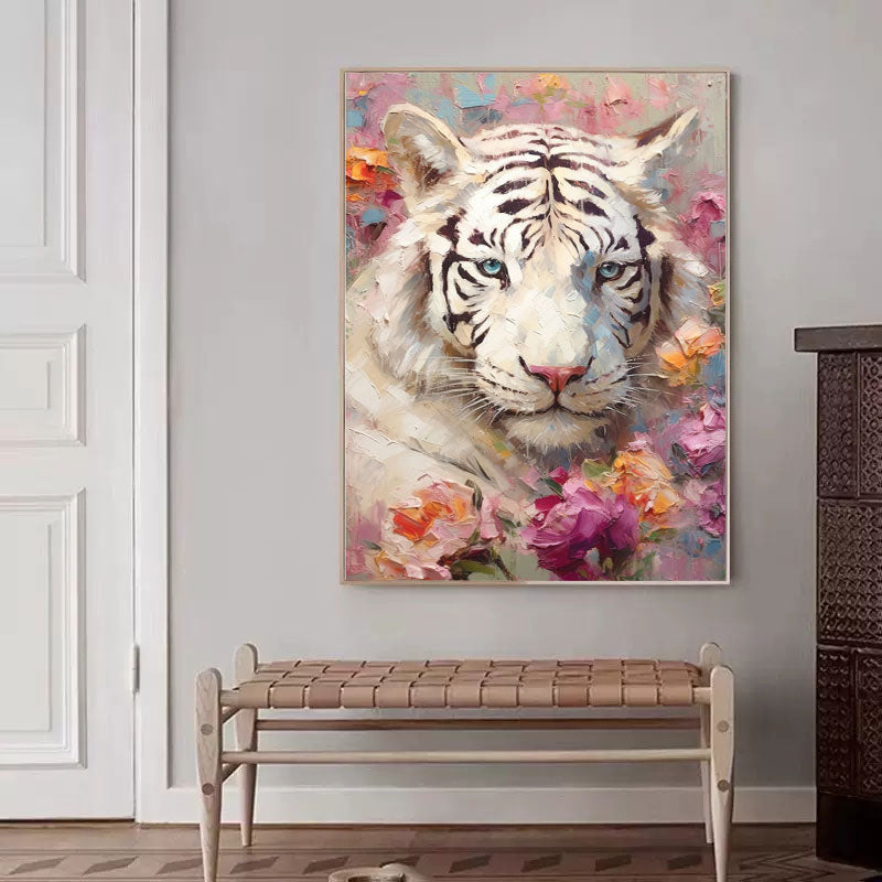 Textured White Tiger Oil Painting Impressionist Flowers And Tiger Canvas Wall Art Modern Animal Oil Painting Framed Living Room Decor