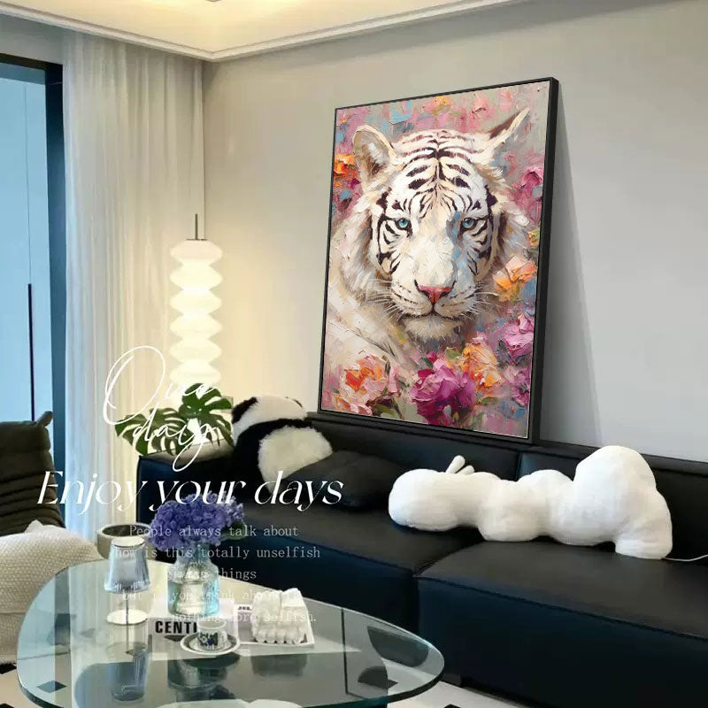 Textured White Tiger Oil Painting Impressionist Flowers And Tiger Canvas Wall Art Modern Animal Oil Painting Framed Living Room Decor