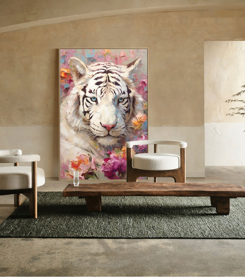 Textured White Tiger Oil Painting Impressionist Flowers And Tiger Canvas Wall Art Modern Animal Oil Painting Framed Living Room Decor