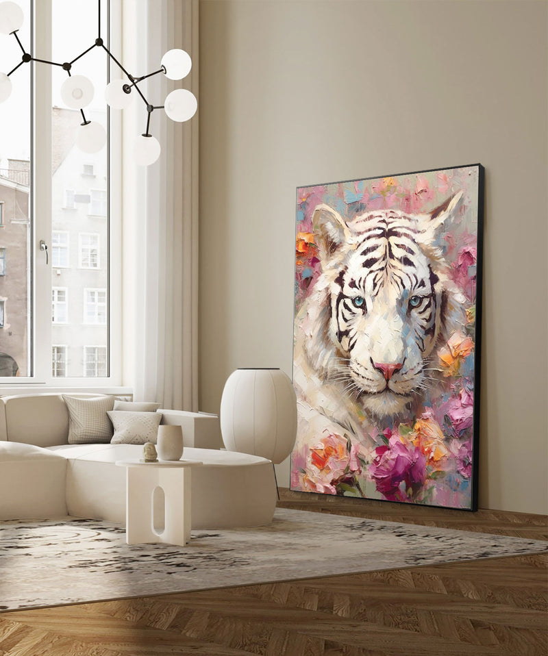 Textured White Tiger Oil Painting Impressionist Flowers And Tiger Canvas Wall Art Modern Animal Oil Painting Framed Living Room Decor