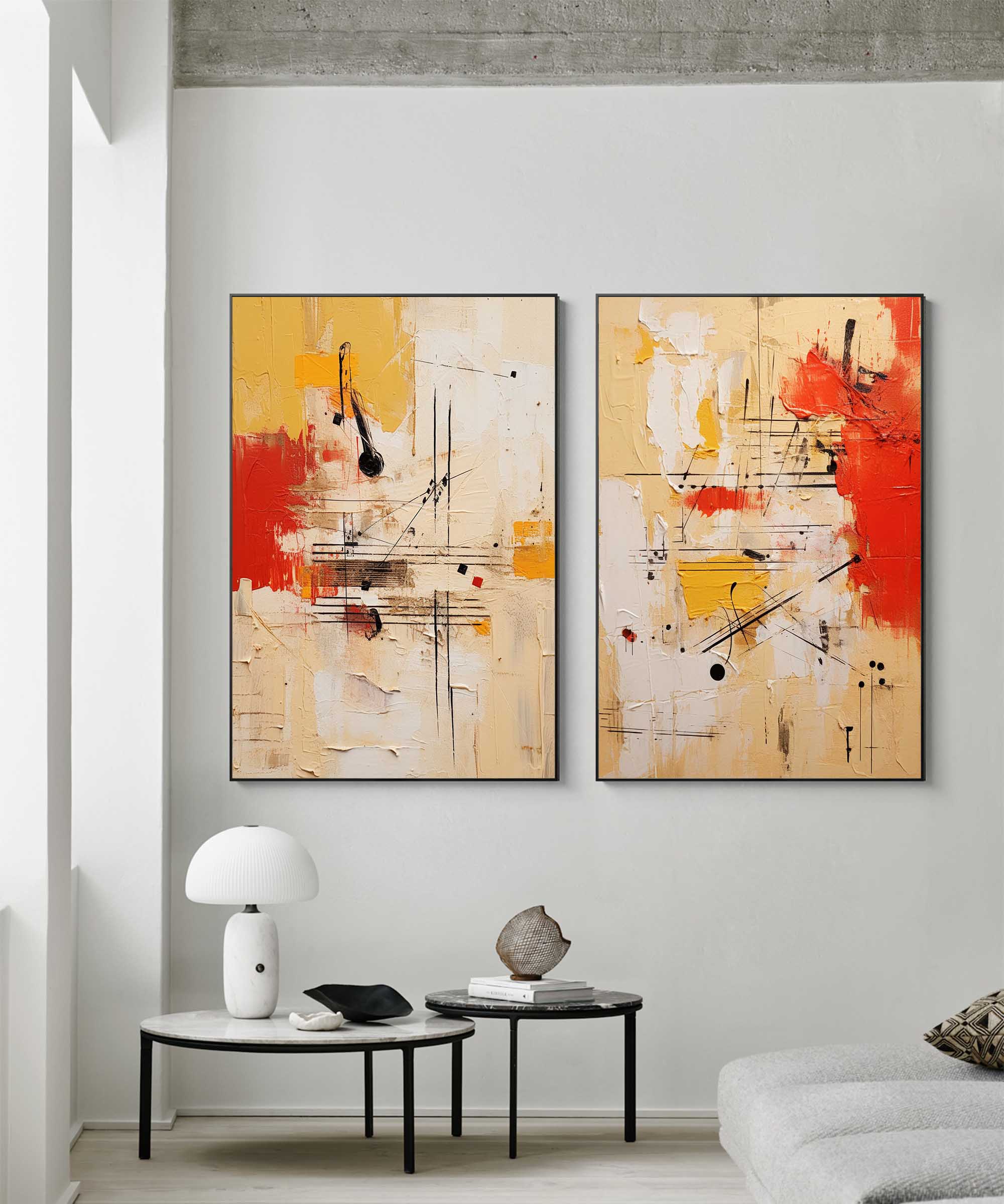 Set of 2 Large Original Music Note Graffiti Acrylic Painting Vibrant Yellow Abstract Graffiti Oil Painting Modern Wall Art Living Room Decor