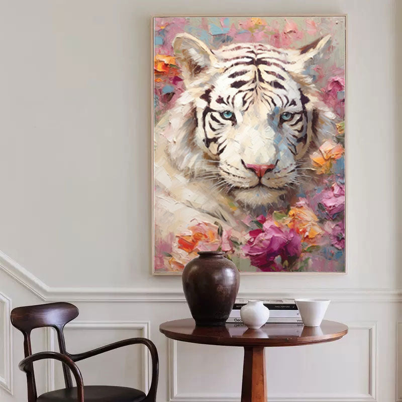 Textured White Tiger Oil Painting Impressionist Flowers And Tiger Canvas Wall Art Modern Animal Oil Painting Framed Living Room Decor