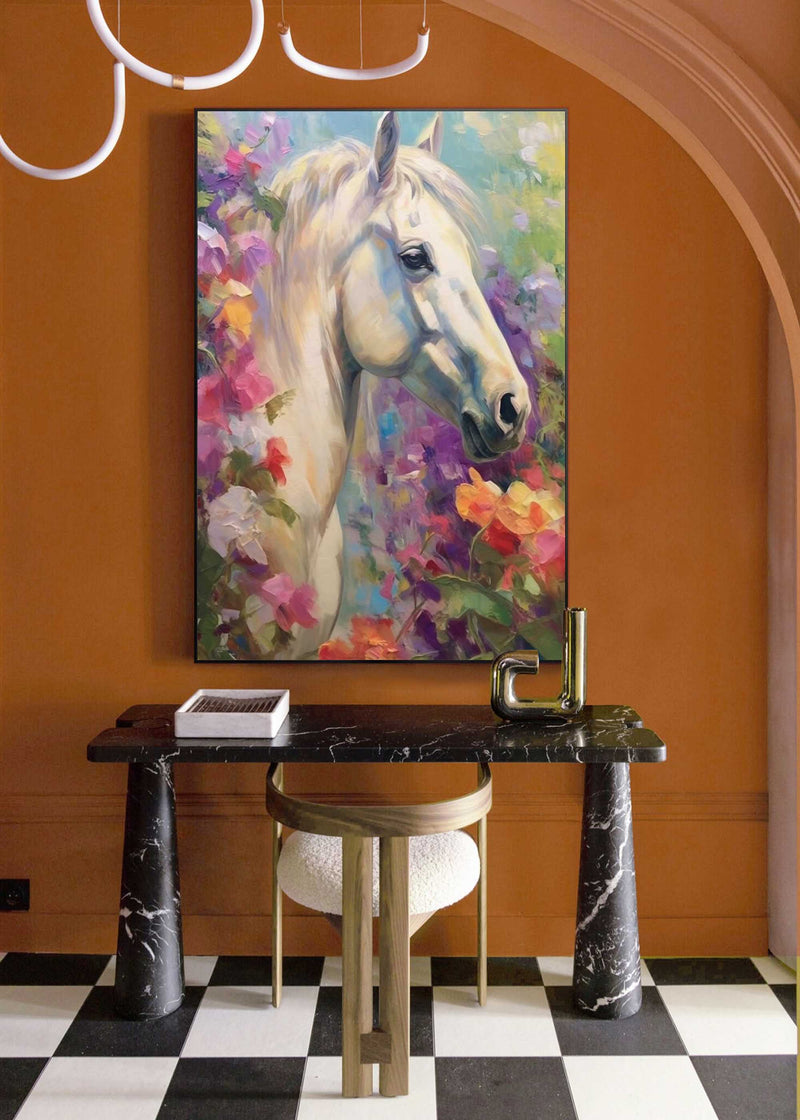 Impressionist White Horse Wall Art Bright Colorful Horse Oil Painting On Canvas Modern Animal Oil Painting Home Decor