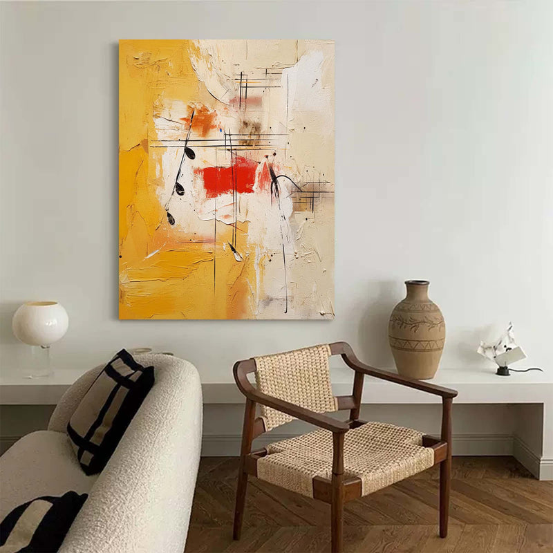 Original Musical Note Abstract Wall Art Bright Modern Textured Oil Painting Canvas Large Yellow Oil Painting Living Room Decor