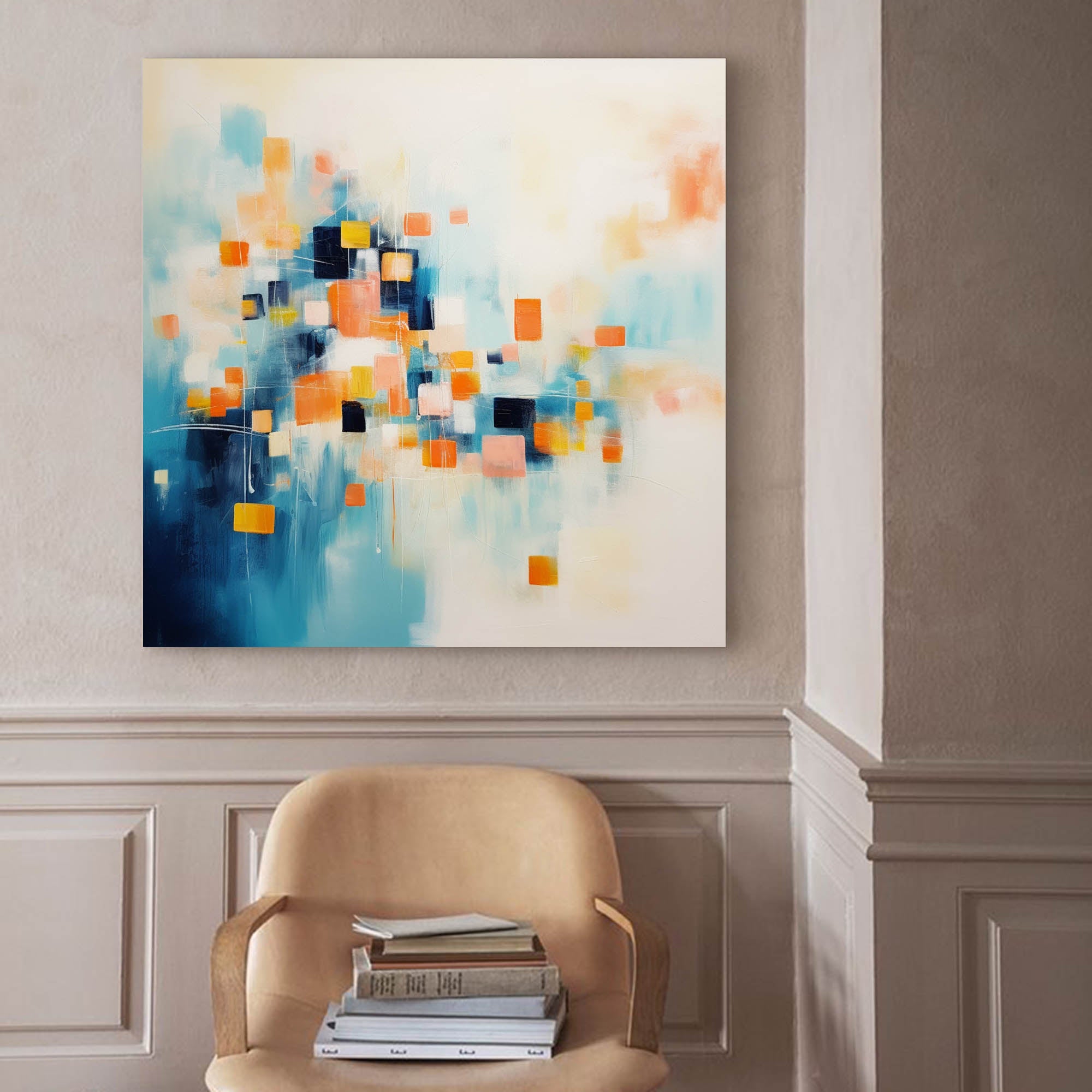 Modern Wall Art Original Abstract Oil Painting On Canvas Large Blue And Yellow Acrylic Painting For Living Room