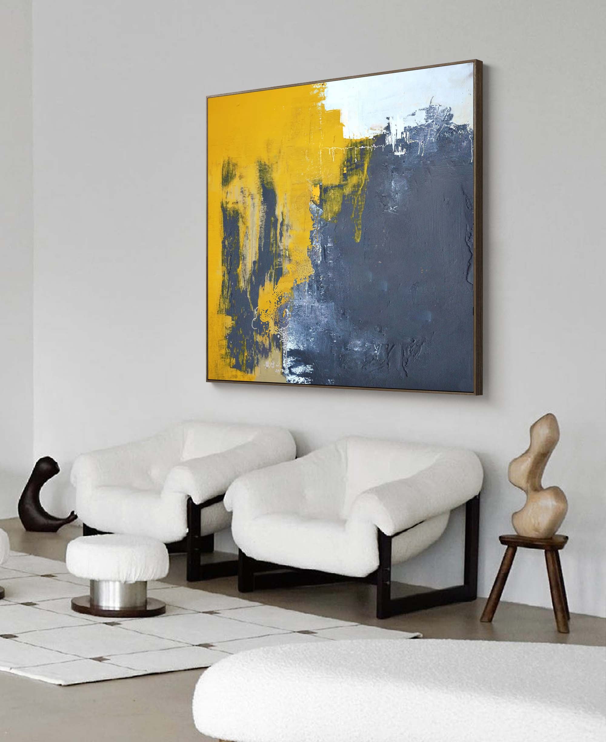 Yellow And Grey Original Abstract Oil Painting With Frame Abstract Acrylic Painting Large Wall Art Modern Art For Living Room