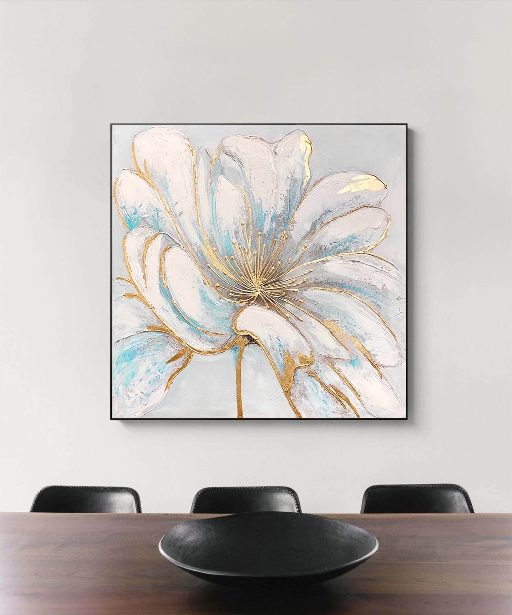 Original Bright white Flower Wall Art Large Textured Floral Acrylic Painting Modern White Floral Oil Painting On Canvas For Living Room