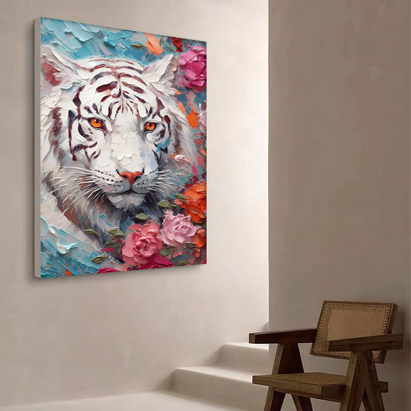 Impressionist White Tiger Canvas Oil Painting Original Tiger Canvas Wall Art Texture Modern Animal Oil Painting Living Room Decor