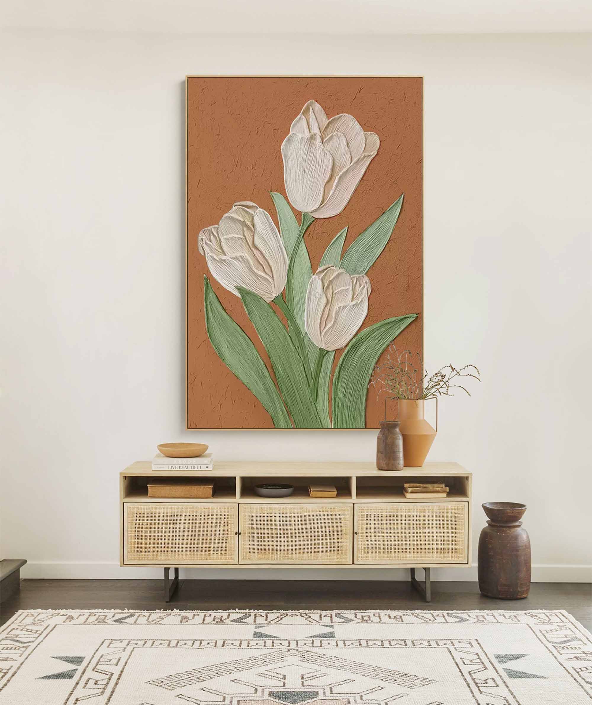 Large Textured Floral Acrylic Painting Modern White Floral Oil Painting On Canvas Original Flower Wall Art Home Decor