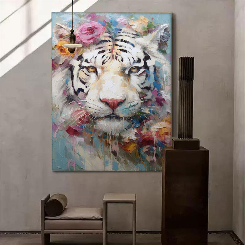 Tiger In Flowers Canvas Oil Painting Original Impressionist Tiger Canvas Wall Art Modern Animal Oil Painting Living Room Decoration