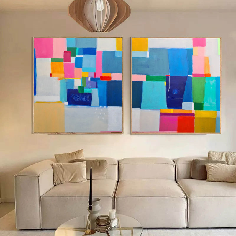 Set of 2 Minimalist Abstract Oil Paintings Contemporary Geometry Canvas Wall Art Home Decor