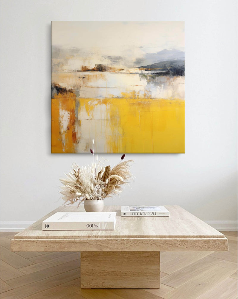 Abstract Oil Painting on Square Canvas Original Yellow Modern Acrylic Painting Large Wall Art Living Room