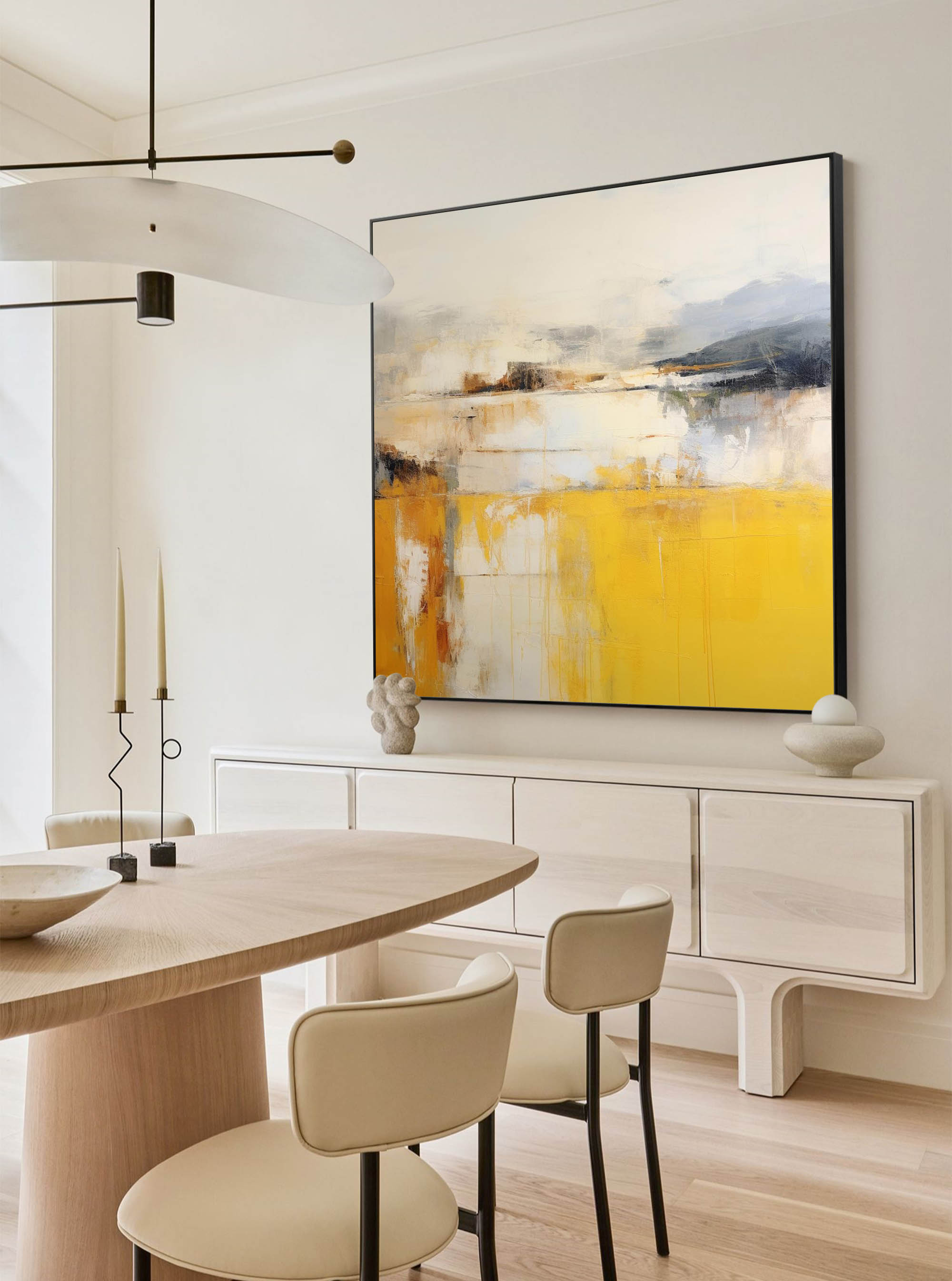 Abstract Oil Painting on Square Canvas Original Yellow Modern Acrylic Painting Large Wall Art Living Room