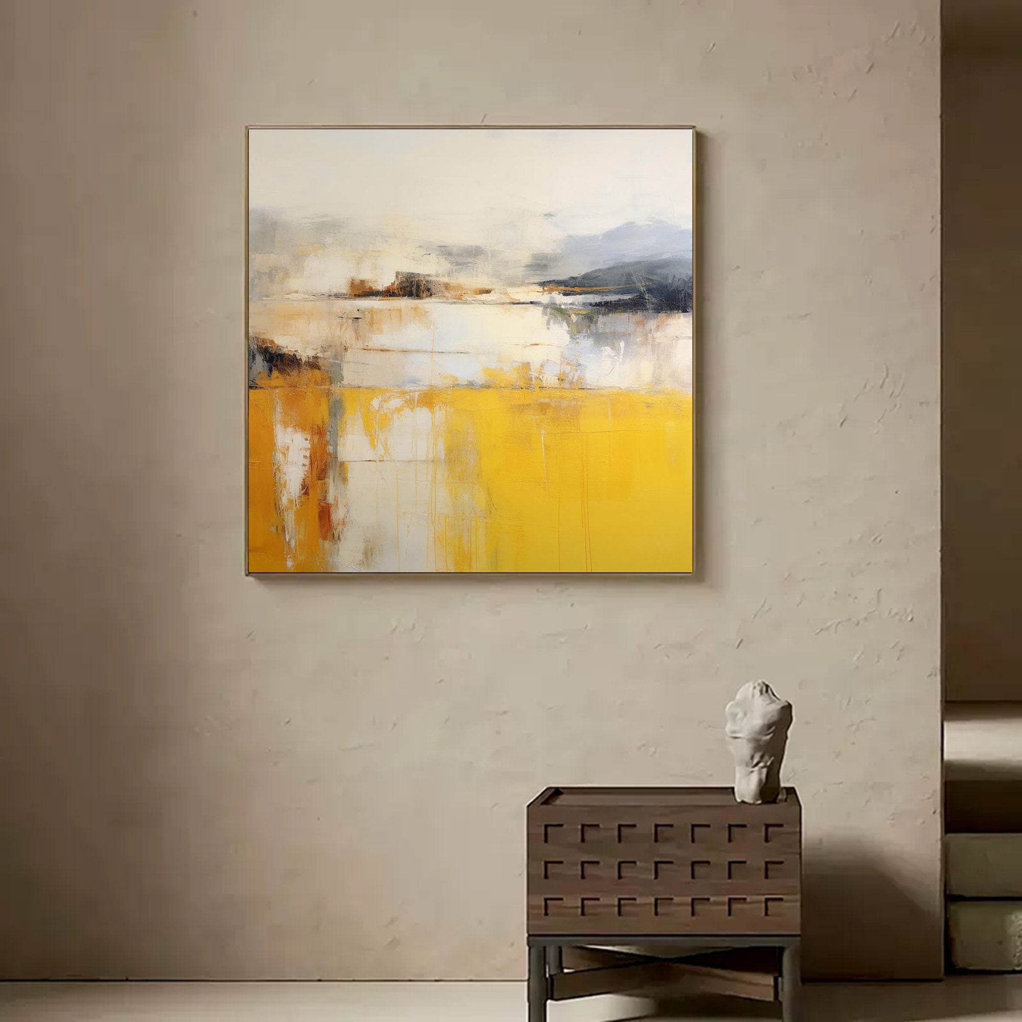 Abstract Oil Painting on Square Canvas Original Yellow Modern Acrylic Painting Large Wall Art Living Room