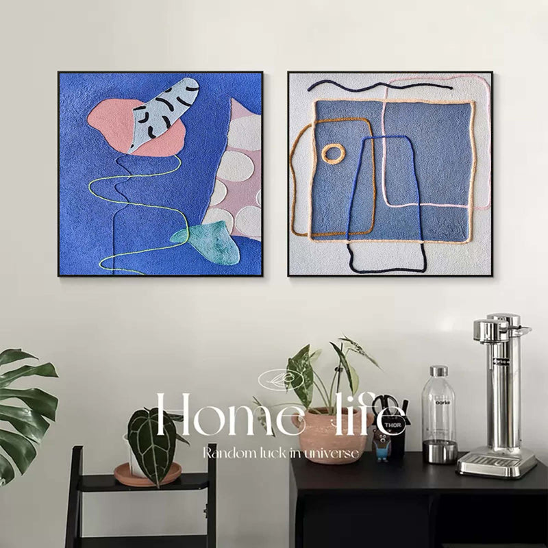 Set of 2 Large Abstract Modern Blue Square Original Oil Paintings On Canvas Graffiti Texture Wall Art Living Room Decor