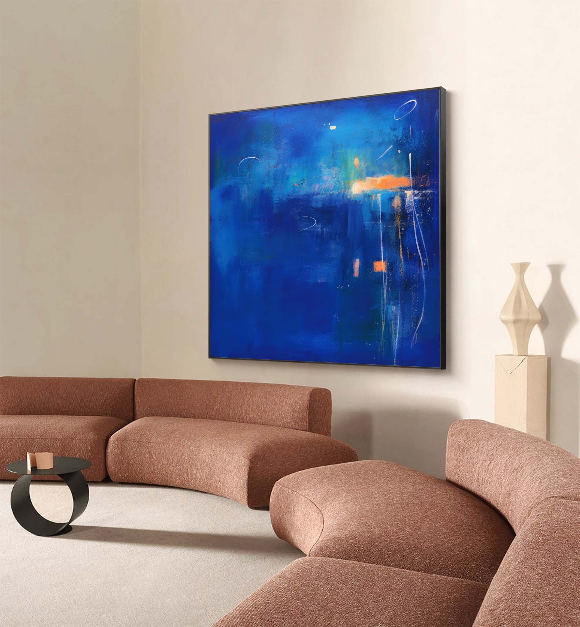 Large Bright Blue Acrylic Painting Original Abstract Oil Painting Modern Wall Art For Living Room