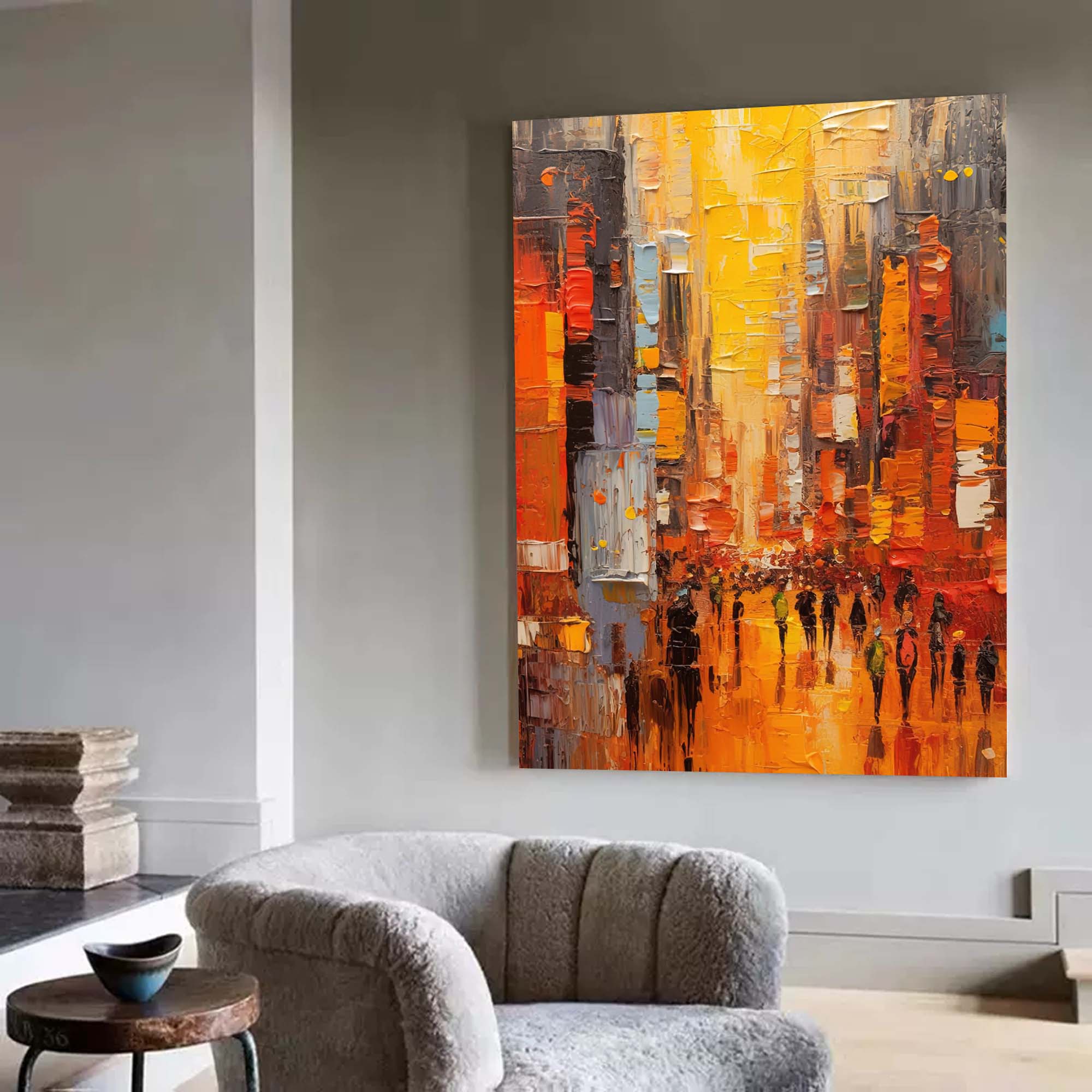 Original Modern Cityscape Oil Painting On Canvas Abstract Urban Scene Art Large Yellow Wall Art Home Decor