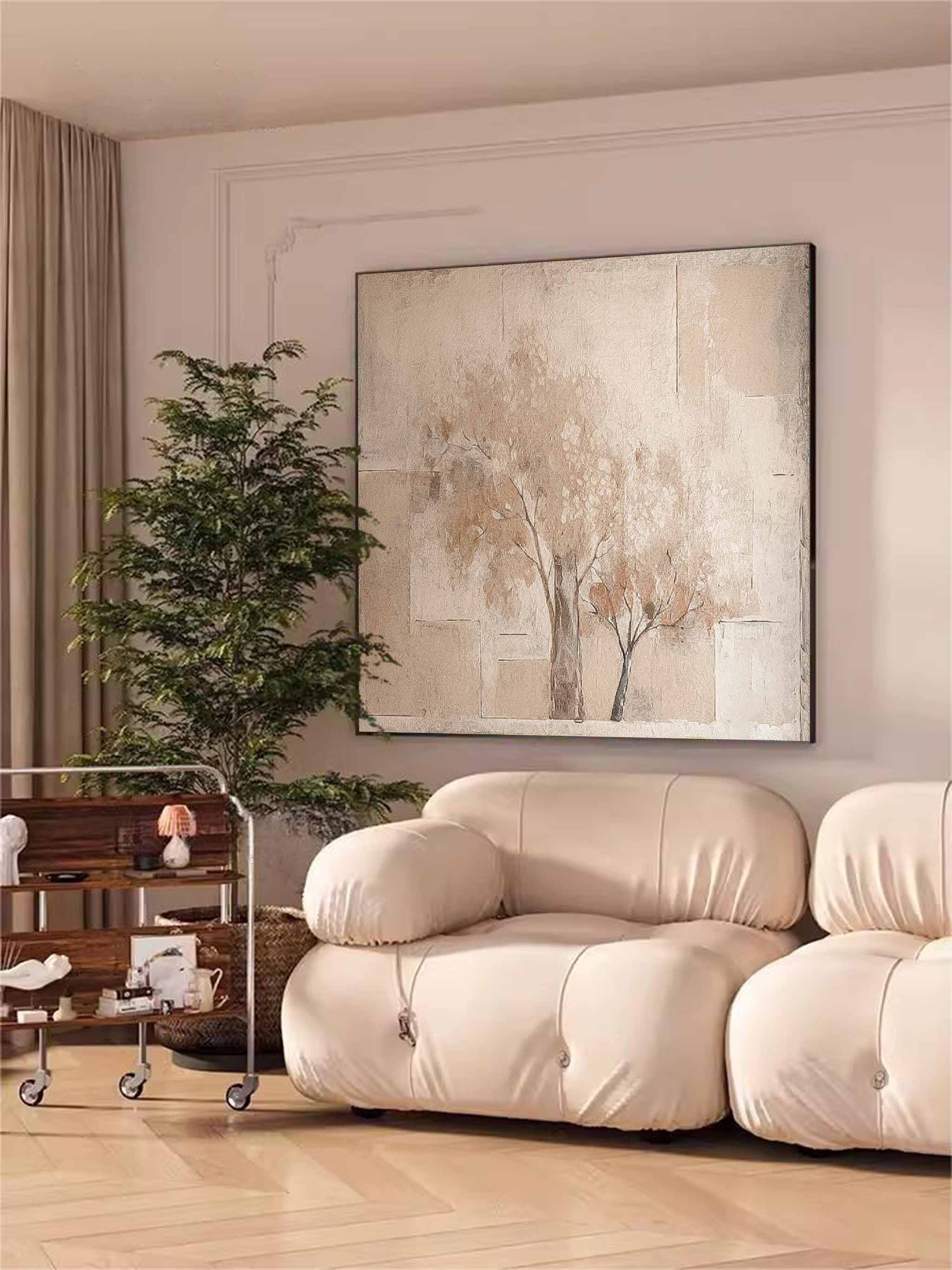 Original Vintage Oil Painting Abstract Ink Tree Wall Art Beige Square Acrylic Painting On Canvas For Sale