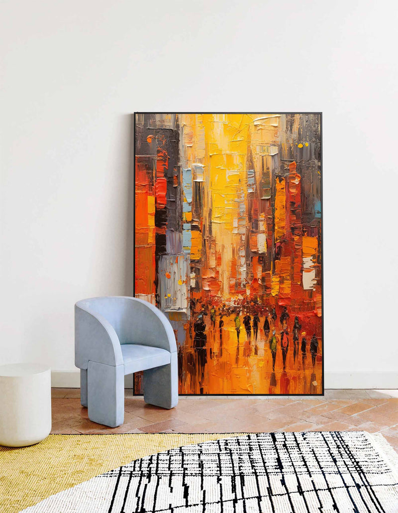 Original Modern Cityscape Oil Painting On Canvas Abstract Urban Scene Art Large Yellow Wall Art Home Decor
