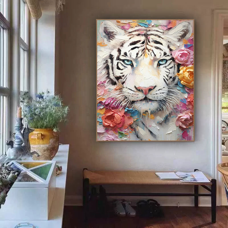 White Tiger Framed Oil Painting Impressionist Tiger Canvas Wall Art Modern Animal Oil Painting Living Room Decor