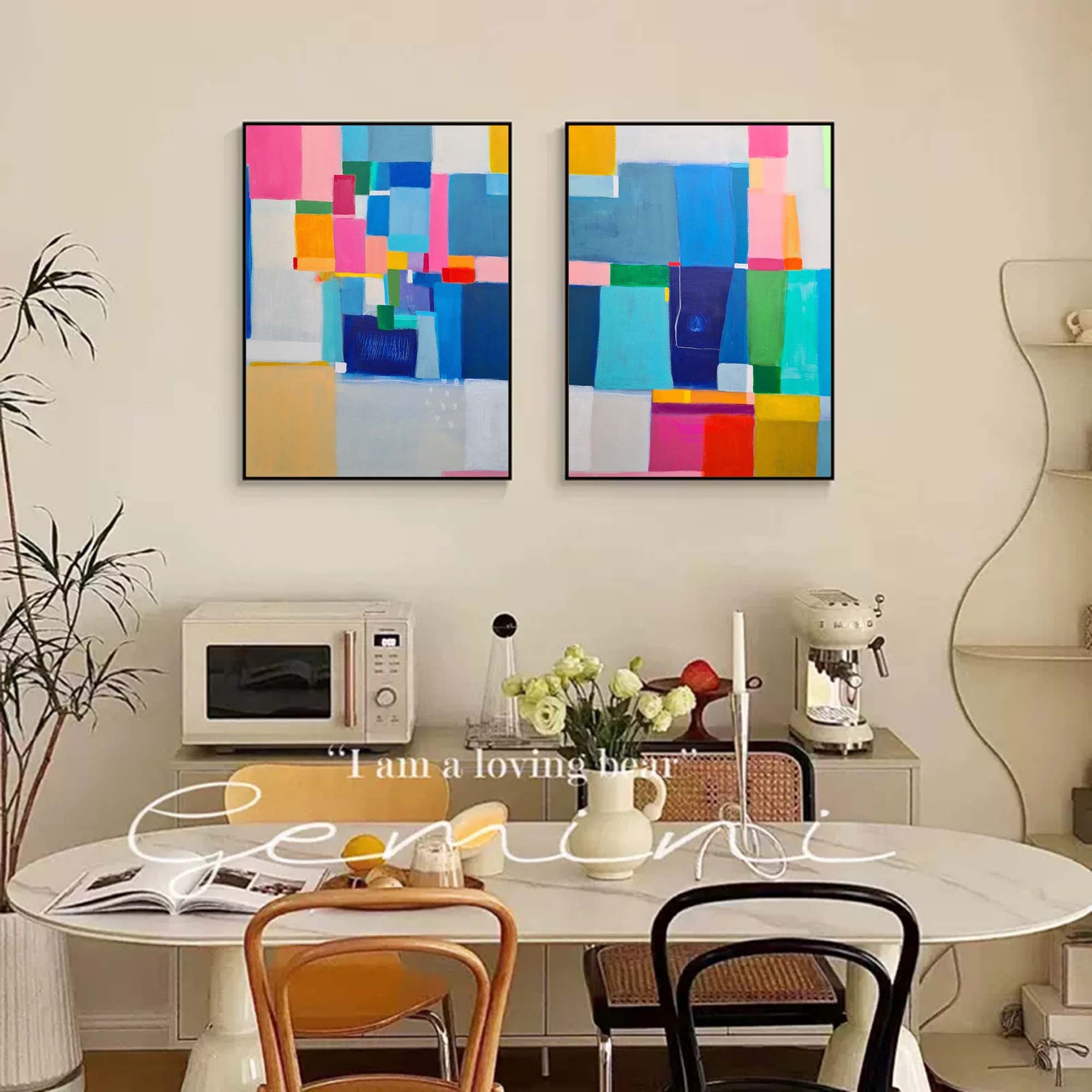 Set of 2 Minimalist Abstract Oil Paintings Contemporary Geometry Canvas Wall Art Home Decor