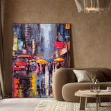 Original Modern Rainy Night Cityscape Oil Painting On Canvas Abstract Urban Scene Art Large Wall Art Home Decor