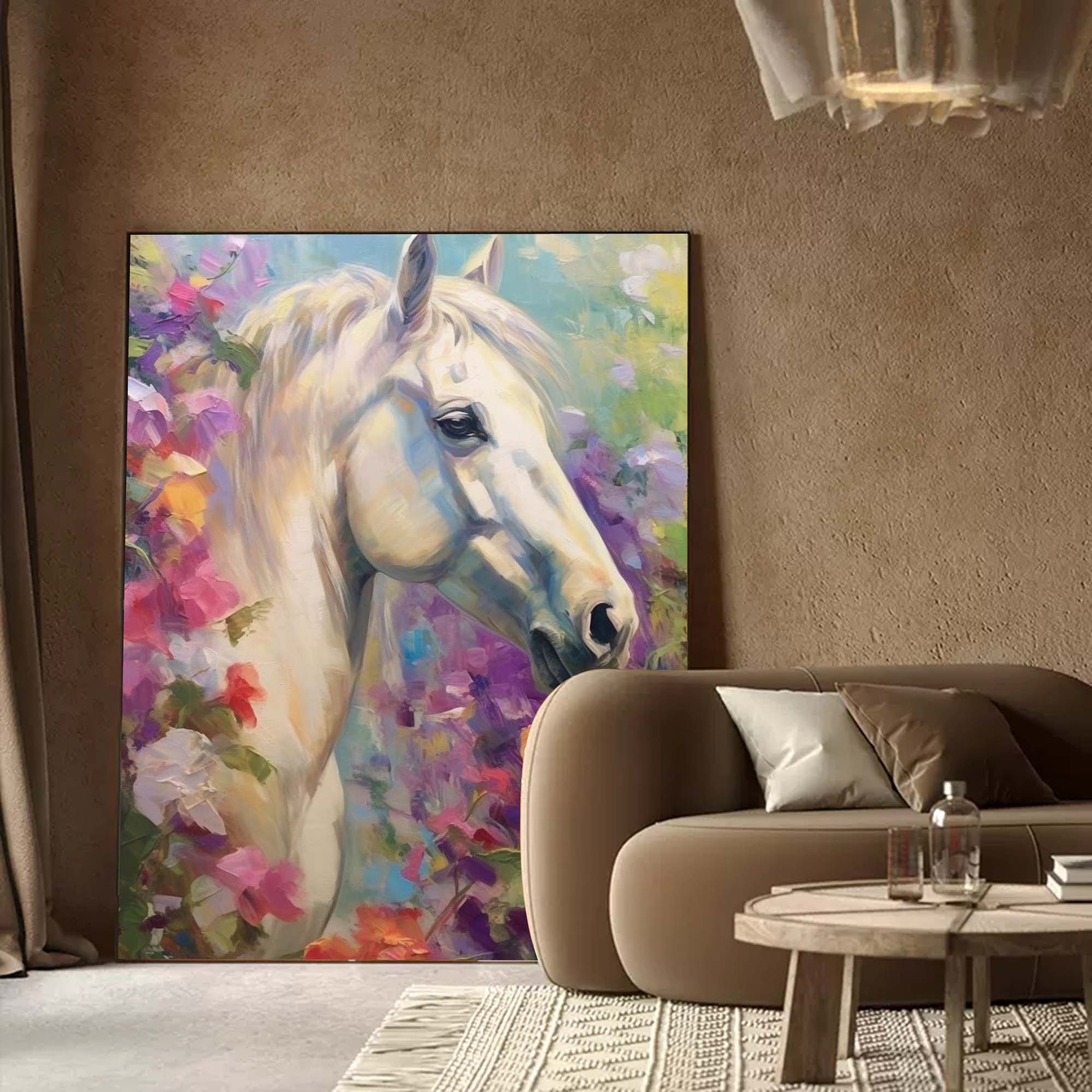 Impressionist White Horse Wall Art Bright Colorful Horse Oil Painting On Canvas Modern Animal Oil Painting Home Decor