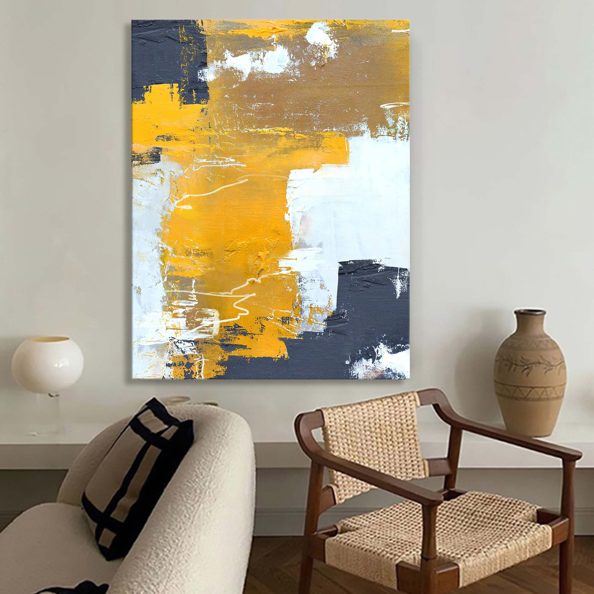 Modern Grey And Yellow Abstract Canvas Oil Painting Large Textured Painting Original Wall Art Living Room Decor