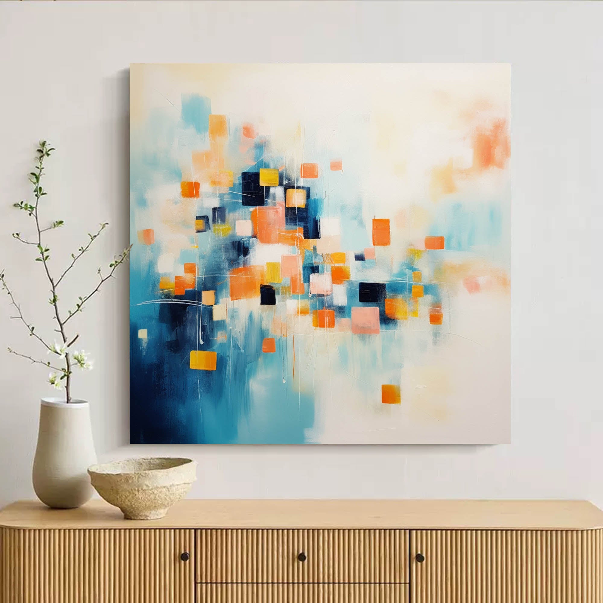 Modern Wall Art Original Abstract Oil Painting On Canvas Large Blue And Yellow Acrylic Painting For Living Room