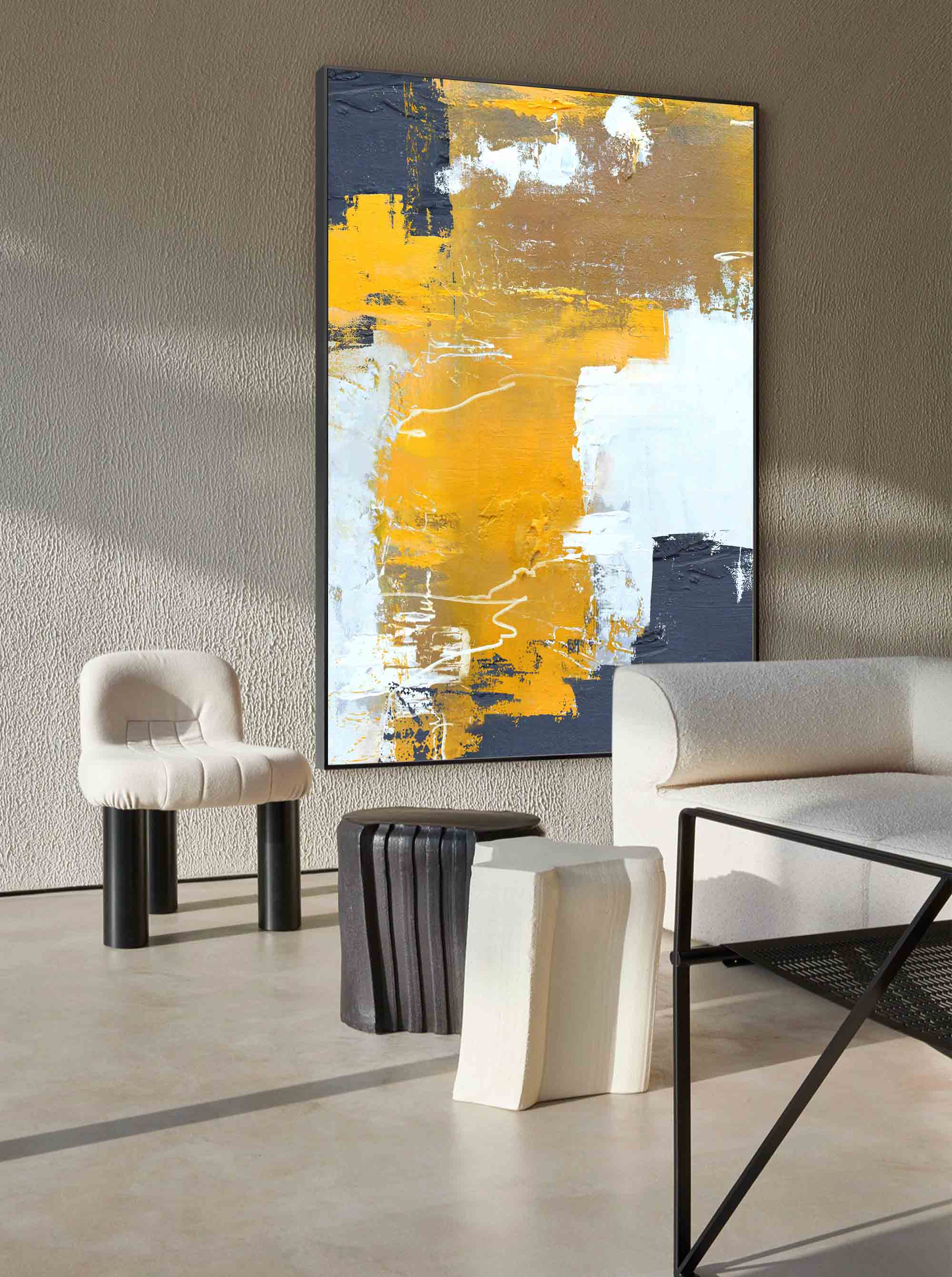 Modern Grey And Yellow Abstract Canvas Oil Painting Large Textured Painting Original Wall Art Living Room Decor