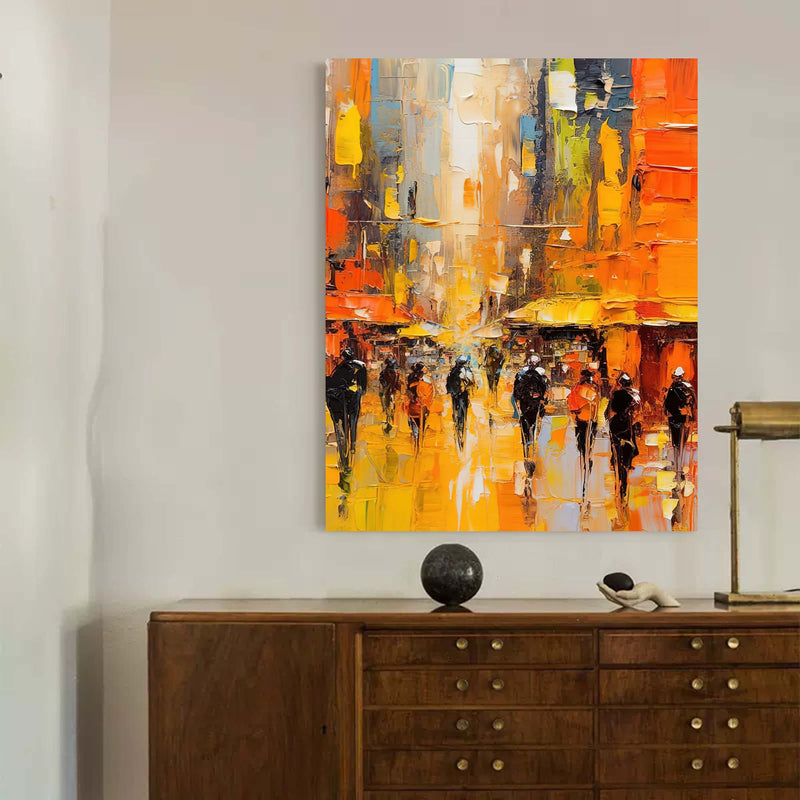 Yellow Abstract Large Cityscape Oil Painting On Canvas Original Urban Scene Art Modern Colorful Wall Art Living Room