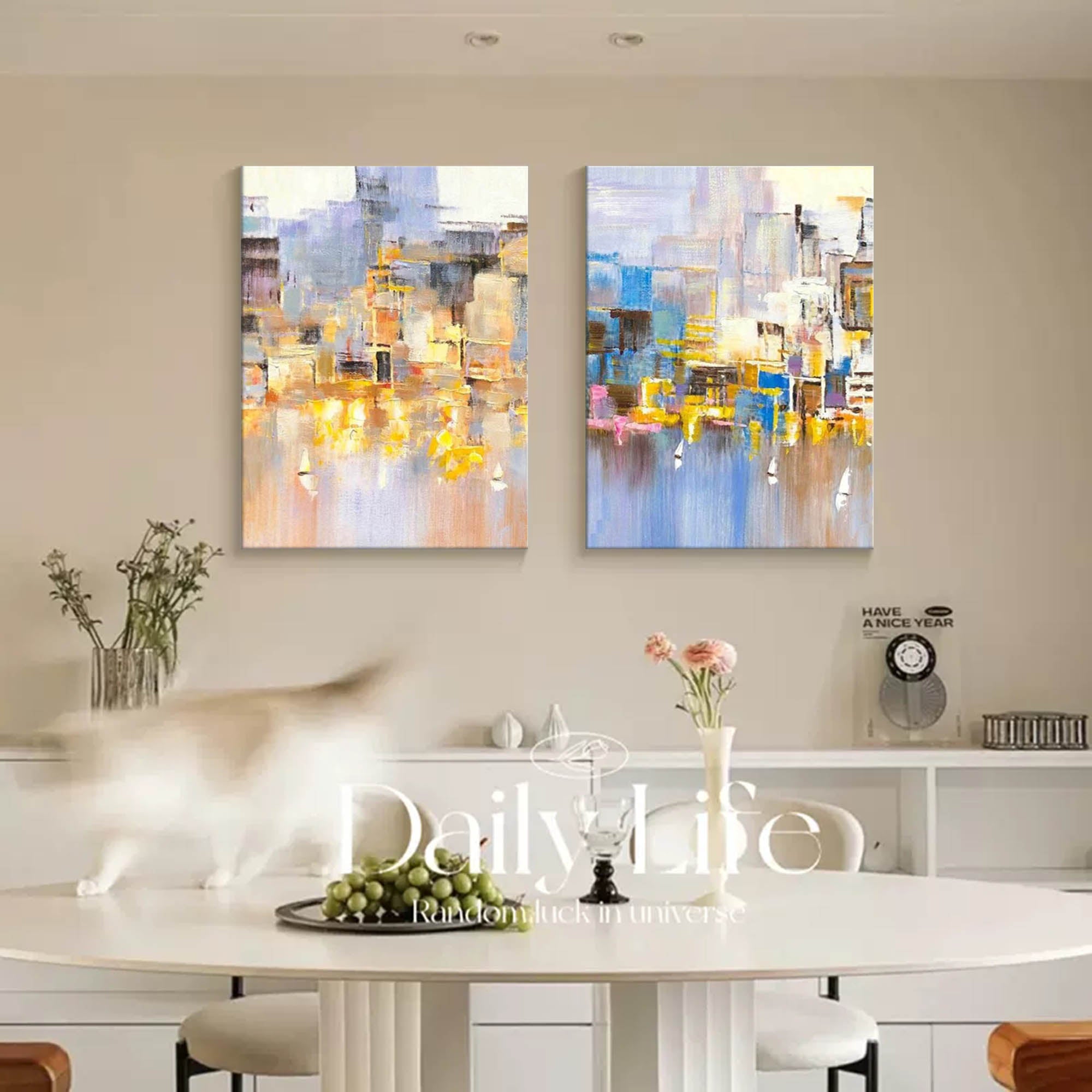 Set of 2 Abstract City Oil Painting Contemporary Textured Canvas Painting  Modern Wall Art Home Decor