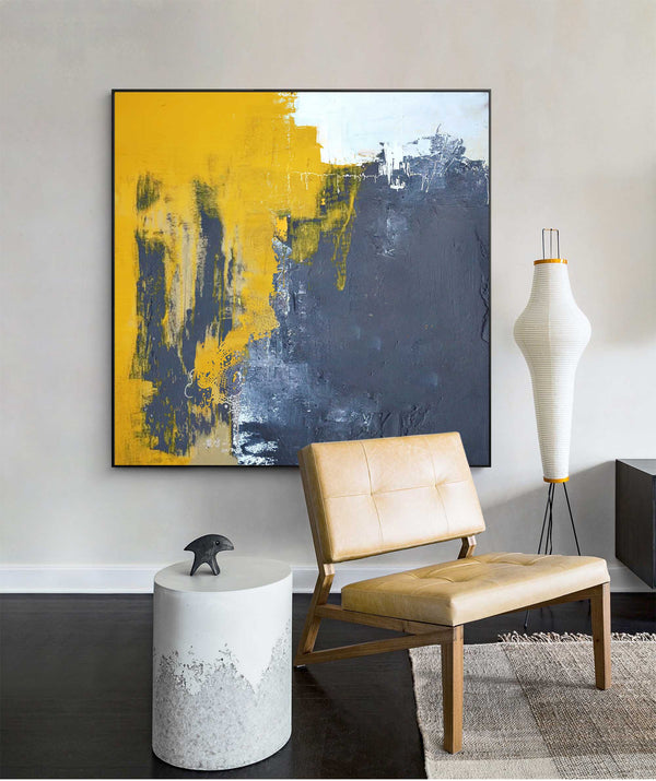 Yellow And Grey Original Abstract Oil Painting With Frame Abstract Acrylic Painting Large Wall Art Modern Art For Living Room