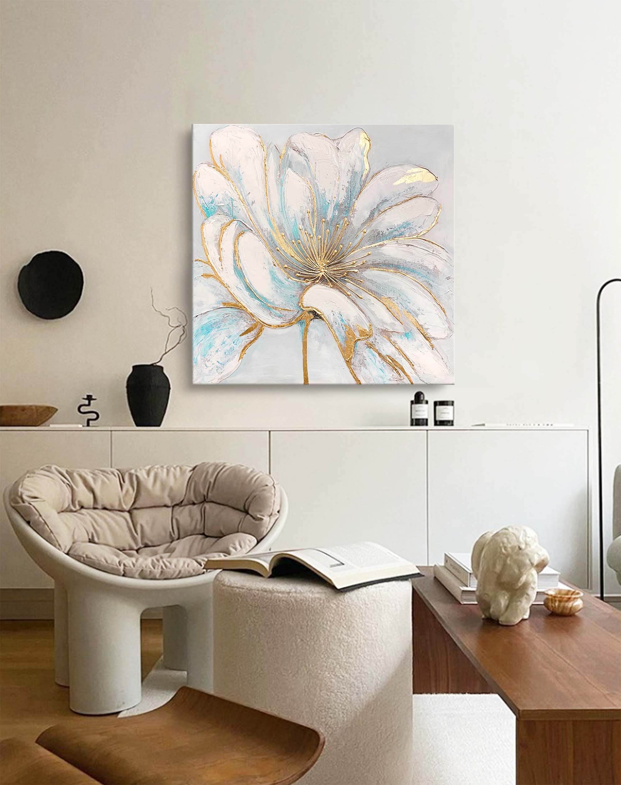 Original Bright white Flower Wall Art Large Textured Floral Acrylic Painting Modern White Floral Oil Painting On Canvas For Living Room