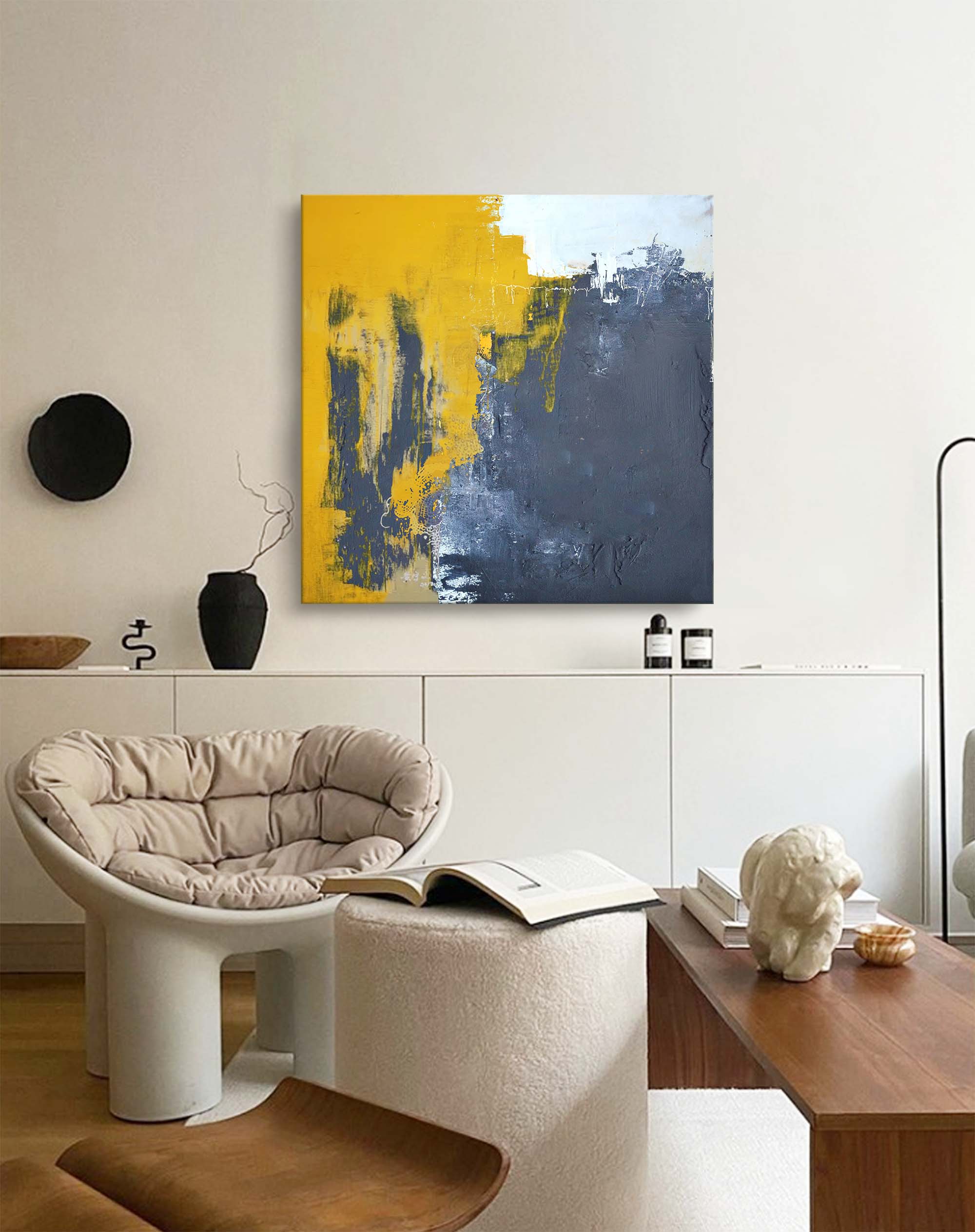 Yellow And Grey Original Abstract Oil Painting With Frame Abstract Acrylic Painting Large Wall Art Modern Art For Living Room