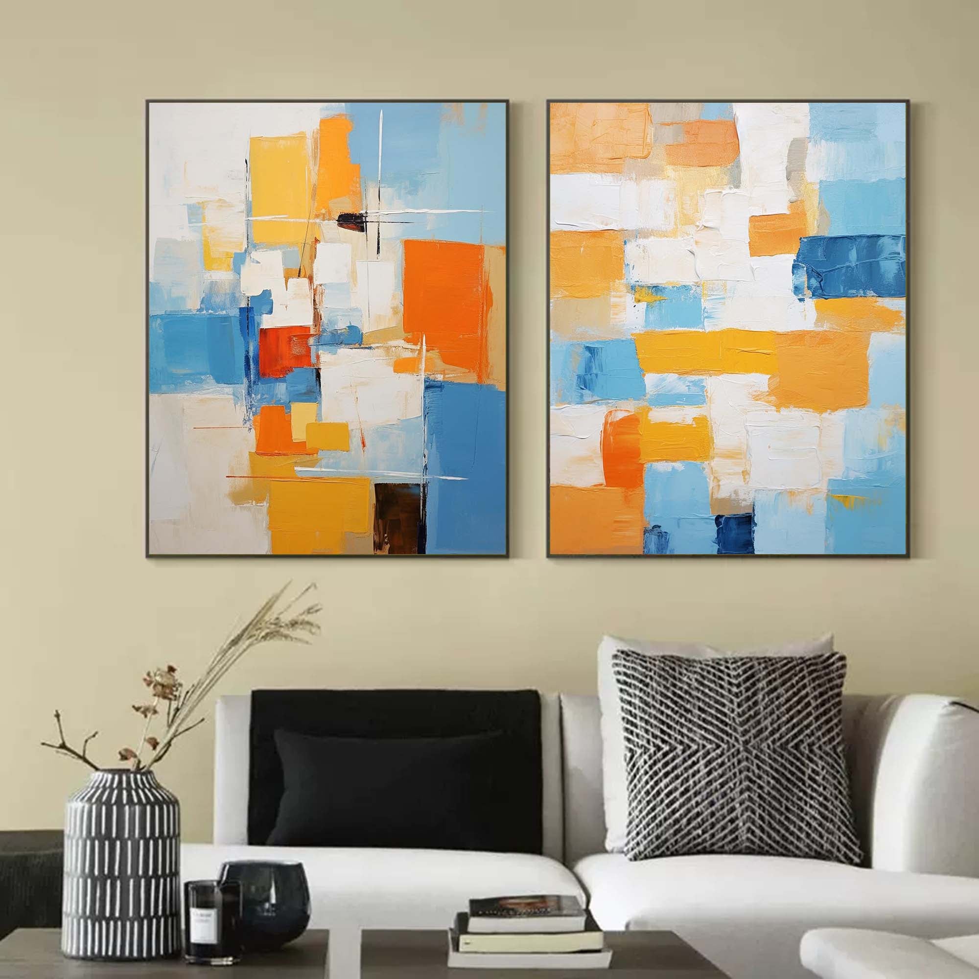 Set of 2 Blue And Yellow Large Abstract Geometry Oil Painting Modern Wall Art Original Texture Oil Painting Living Room Decor