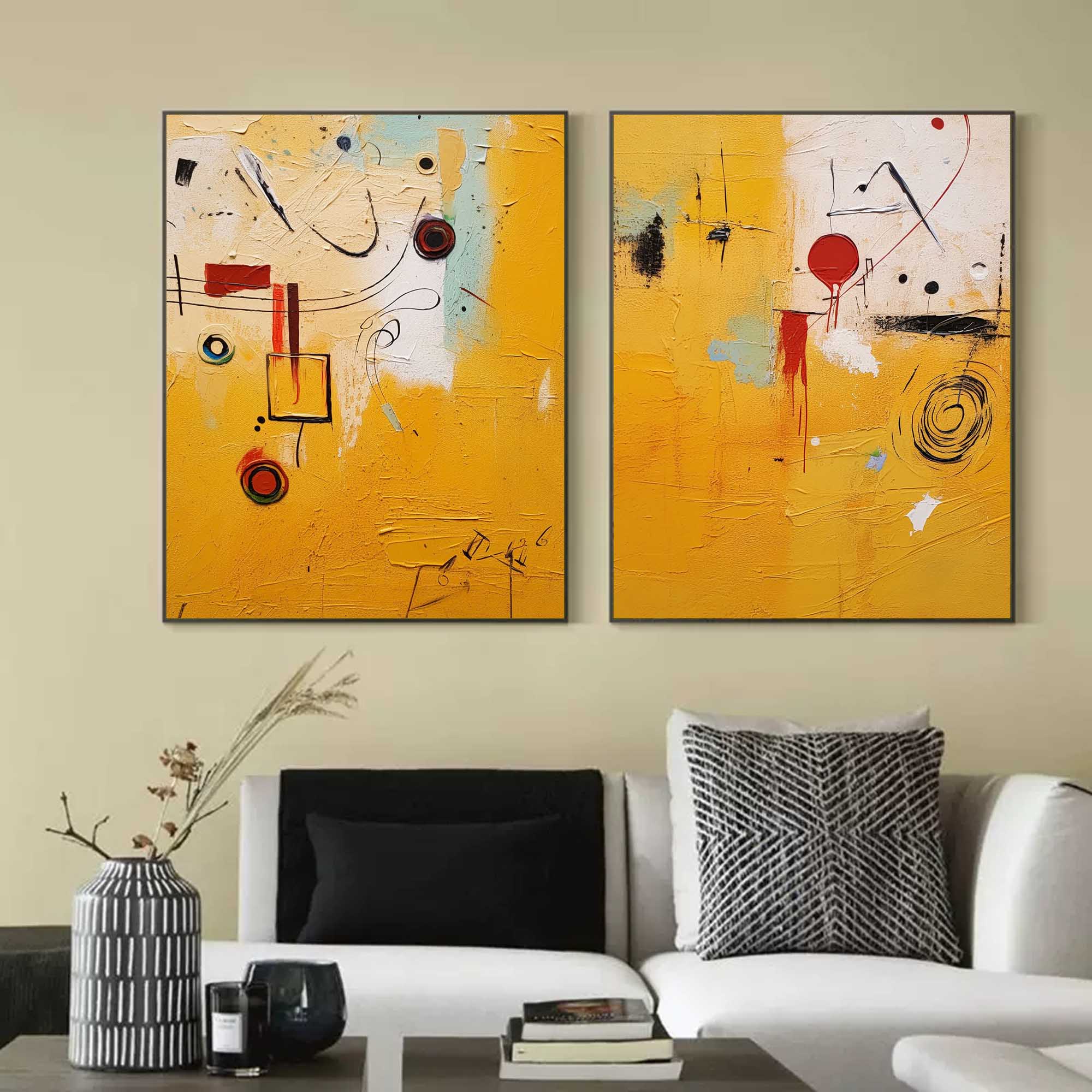 Set of 2 Yellow Large Abstract Graffiti Oil Painting Modern Wall Art Original Texture acrylic Painting Living Room Decor