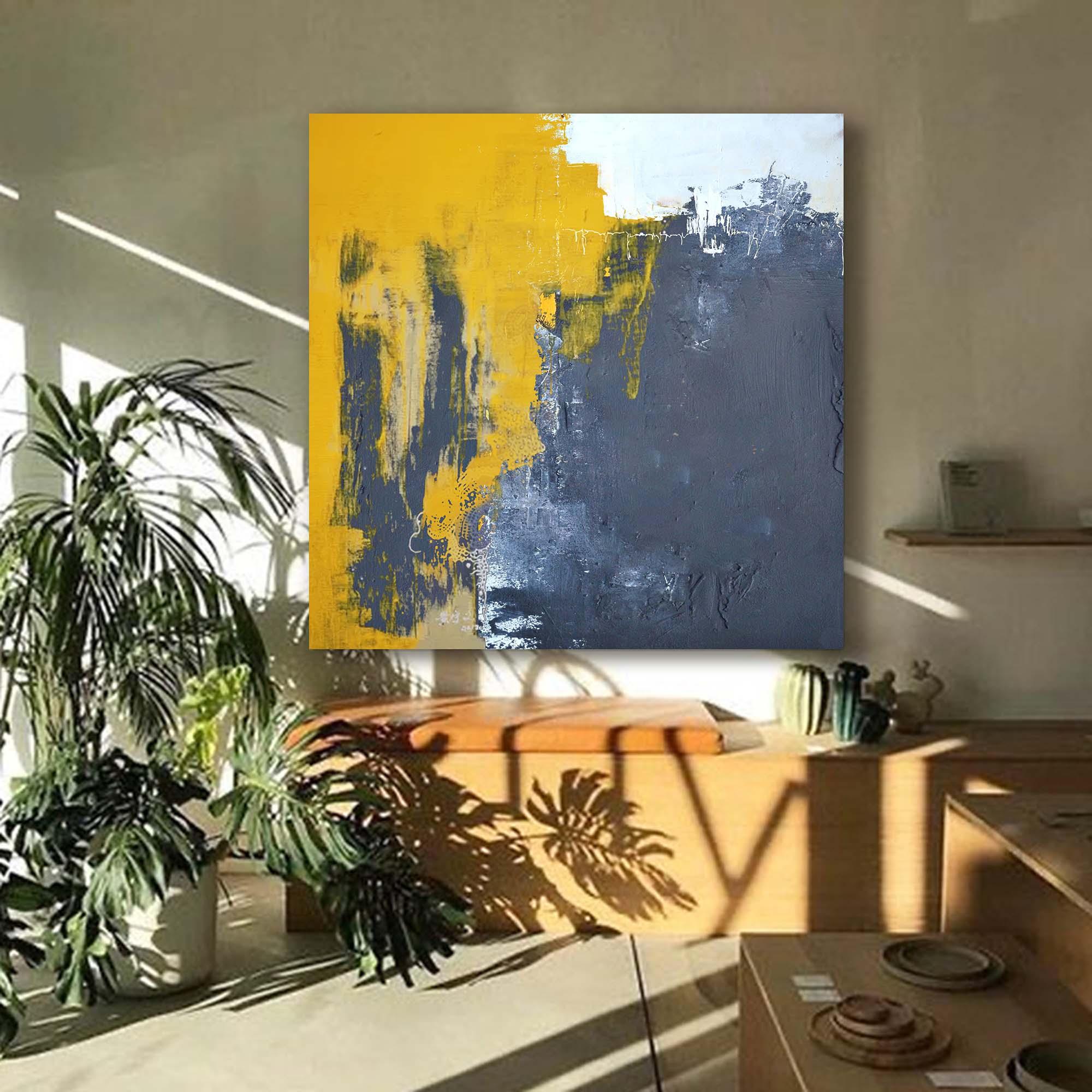 Yellow And Grey Original Abstract Oil Painting With Frame Abstract Acrylic Painting Large Wall Art Modern Art For Living Room