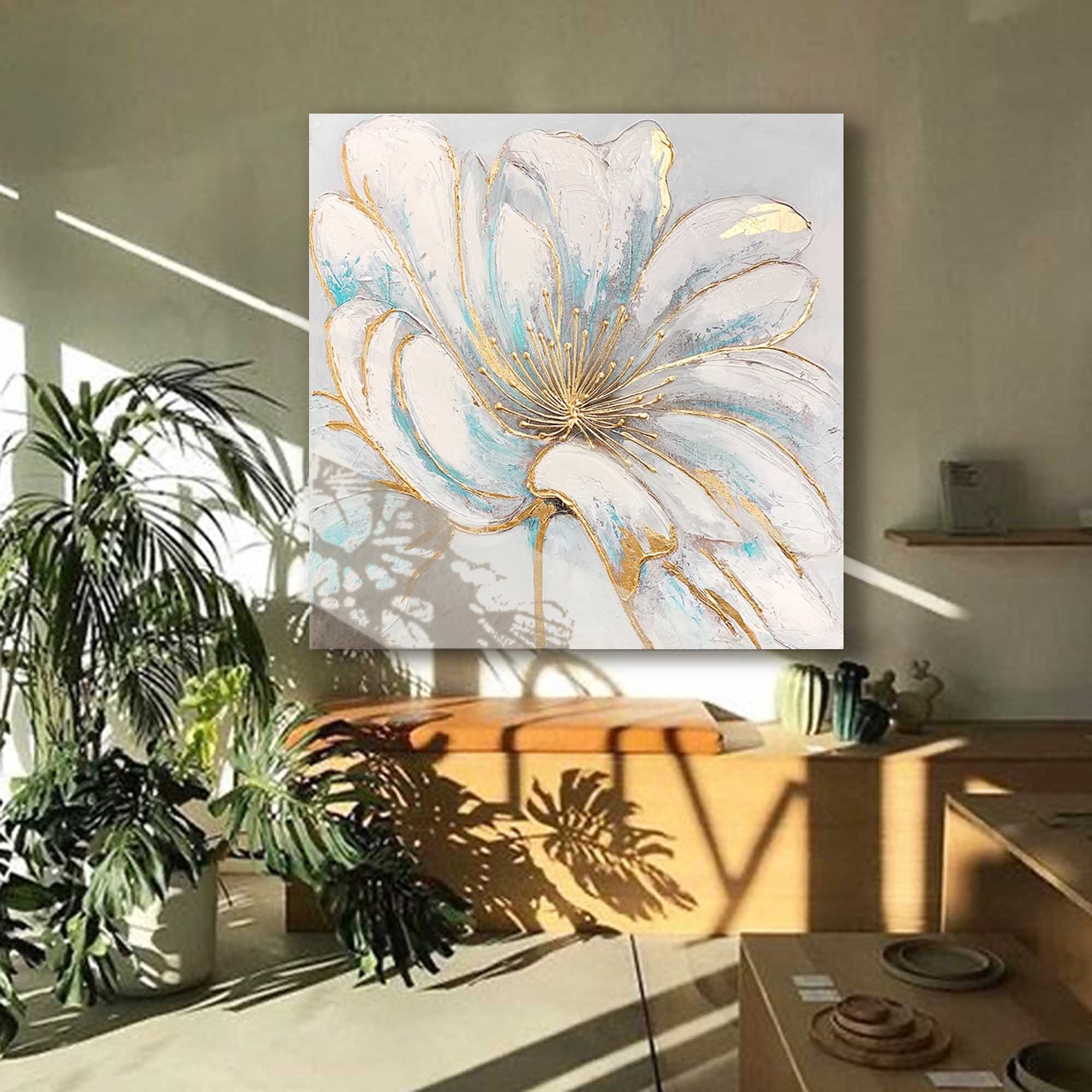 Original Bright white Flower Wall Art Large Textured Floral Acrylic Painting Modern White Floral Oil Painting On Canvas For Living Room