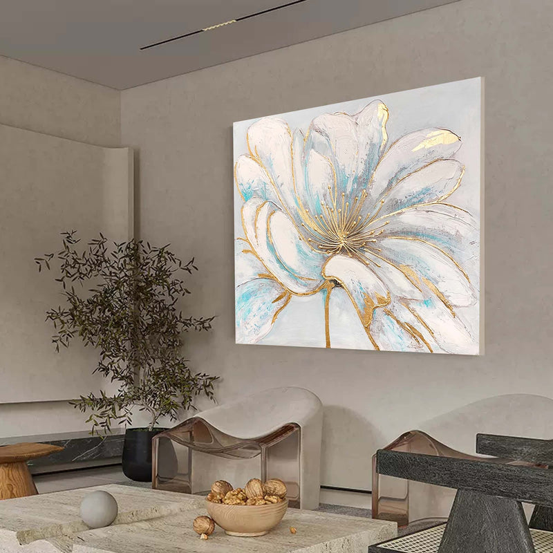Original Bright white Flower Wall Art Large Textured Floral Acrylic Painting Modern White Floral Oil Painting On Canvas For Living Room