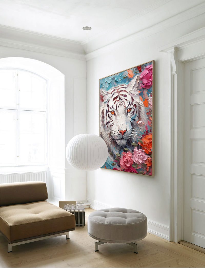 Impressionist White Tiger Canvas Oil Painting Original Tiger Canvas Wall Art Texture Modern Animal Oil Painting Living Room Decor