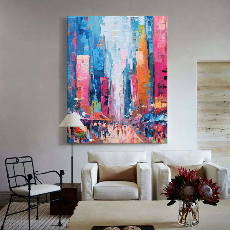 Modern Abstract Colorful Cityscape Oil Painting On Canvas Original Urban Scene Art Large Wall Art Home Decor